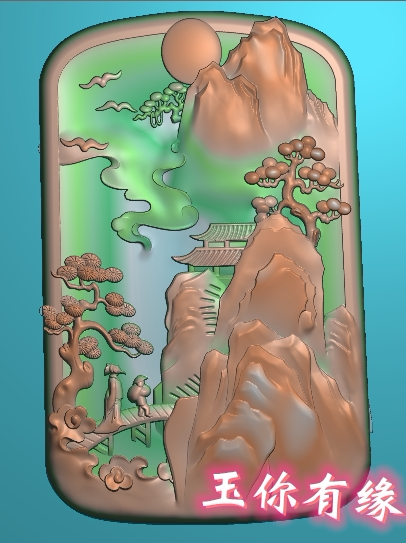 山水人物精雕图JD3197山水人物浮雕图玉雕电脑雕刻图观音佛山水牌