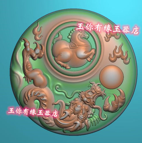 圆牌龙马精神仿古如意龙马牌挂件木雕精雕图浮雕玉雕灰度图JDPBMP