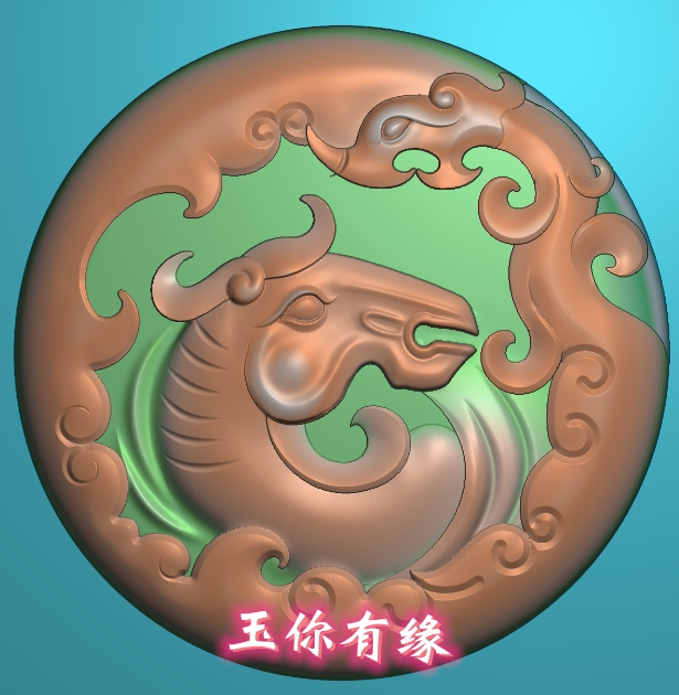 玉雕圆形仿古牌龙马精神挂件带线 草龙 螭龙神马头精雕图浮雕图
