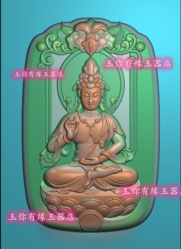 精雕图兽头正坐观音挂件玉雕图椭圆新款菩萨坐莲兽面机雕图灰度图