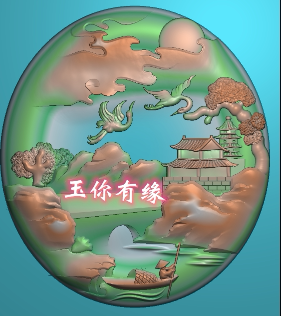 精雕图jdp灰度图bmp浮雕图玉雕椭圆山水小桥李白江南水人物仙鹤