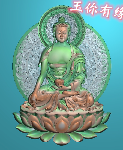光环背坐莲花台如来佛祖药师佛精雕图浮雕玉雕灰度图JDPBMP雕刻图