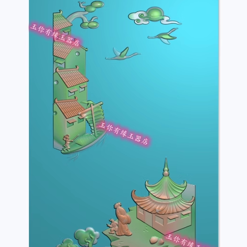 山水人物牌精雕图方牌江南水乡风景玉雕图浮雕JDP 山水房子nn