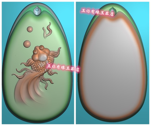 金鱼精雕图莲花鱼挂件随型椭圆荷花鱼花件玉雕图挂件鲤鱼机雕图