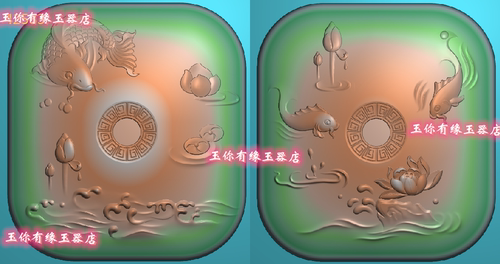 莲花鱼连年有余方扣平安扣精雕图浮雕玉雕灰度图JDPBMP电脑雕刻图