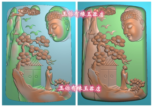 山水佛头挂件拜佛悟道如来佛头像松树风景佛牌精雕图浮雕灰度雕刻