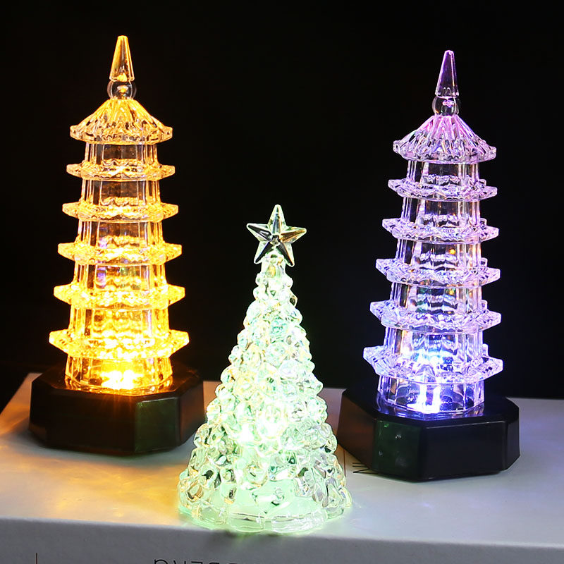 새로운 다채로운 아크릴 파고다 밤 빛 빛나는 LED 빛 어린이 거리 스톨 반지 뜨거운 판매 야시장 장난감
