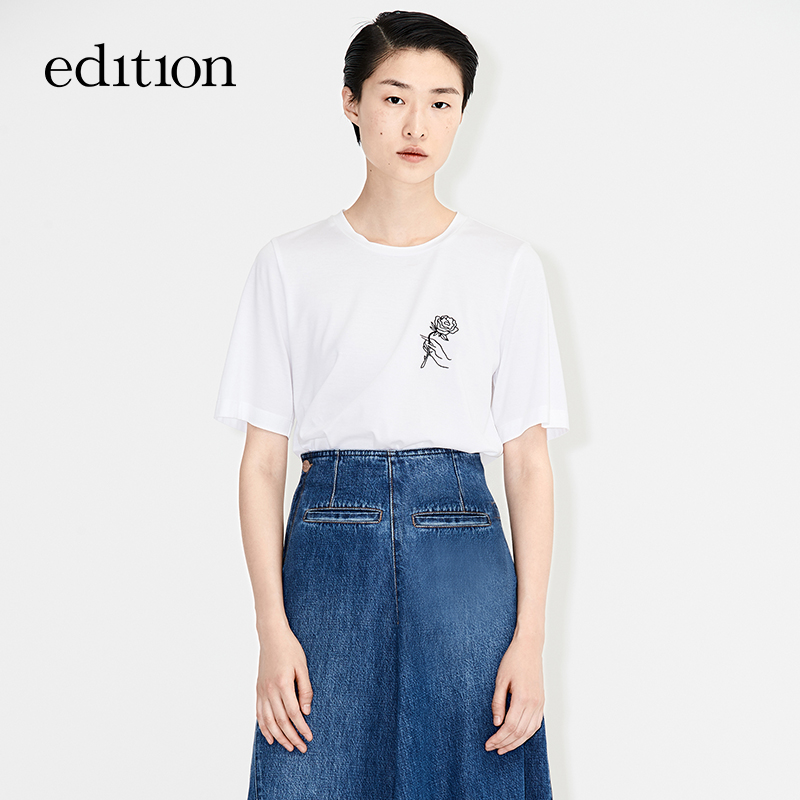 edition花卉刺繡短袖T恤夏圓領短袖休閑直身EA182TEE215 moco