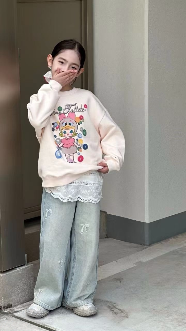 波拉儿童卫衣春秋新款韩版泡泡玛特女童卫衣圆领水钻女童上衣