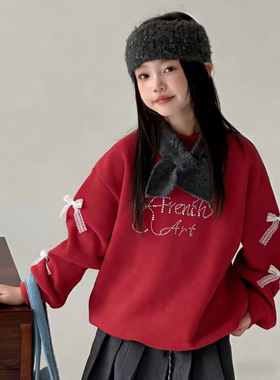波拉儿童卫衣春秋新款韩版蝴蝶结女童卫衣红色水钻女孩上衣