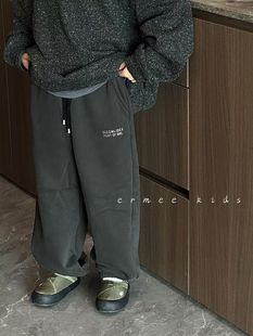 波拉韩版童装2025冬季男童加绒卫裤一体绒加厚女童运动裤弯刀裤