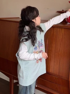 波拉韩版童装冬款儿童马甲60%羊毛女童毛衣背心花朵刺绣女童坎肩