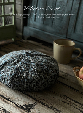 特殊月蓝色HELLO TREE豹纹贝雷帽子女高级感褶皱马术帽是时尚复古