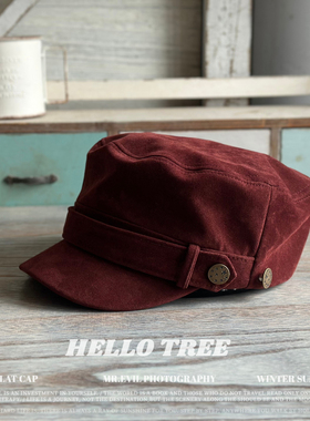 HELLO TREE海军风帽子仿古铜扣麂皮绒平顶帽子秋冬女高级感画家帽