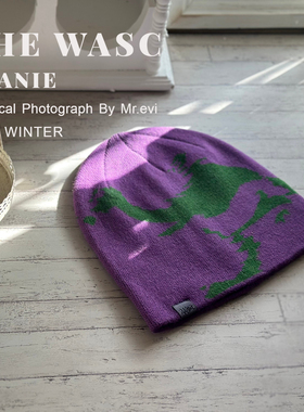 WASC街头潮牌长款毛线帽子显脸小男女冬季保暖套头帽时尚紫色冷帽