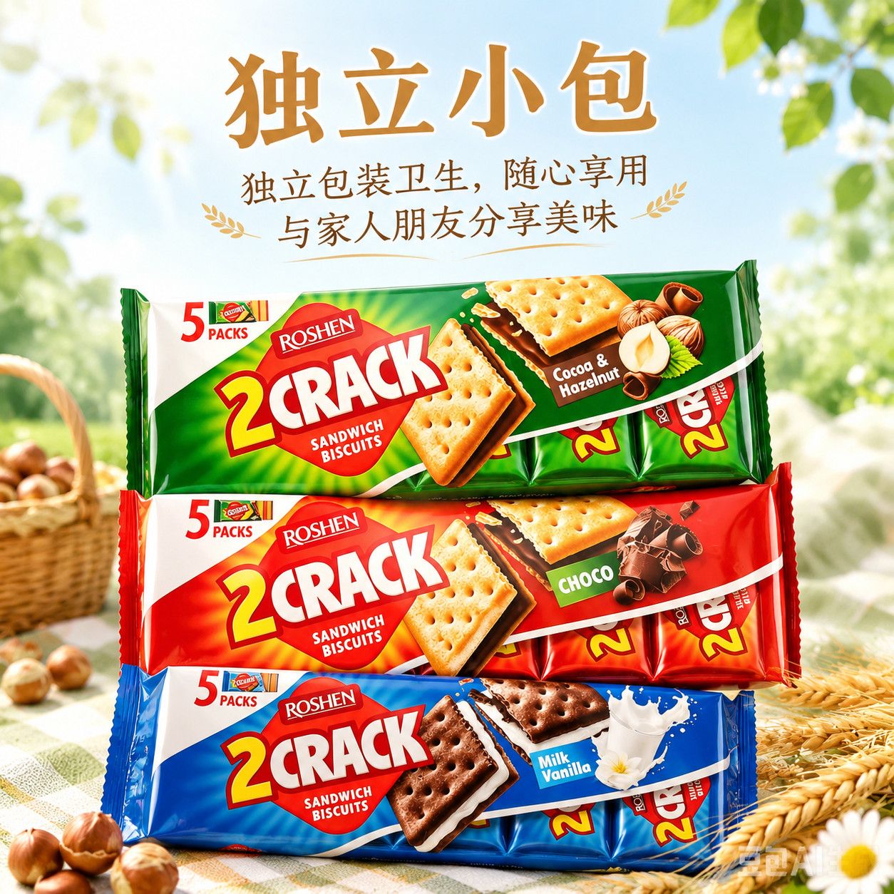 乌克兰进口ROSHEN如胜脆乐脆巧克力夹心饼干190g独立包装可可榛子