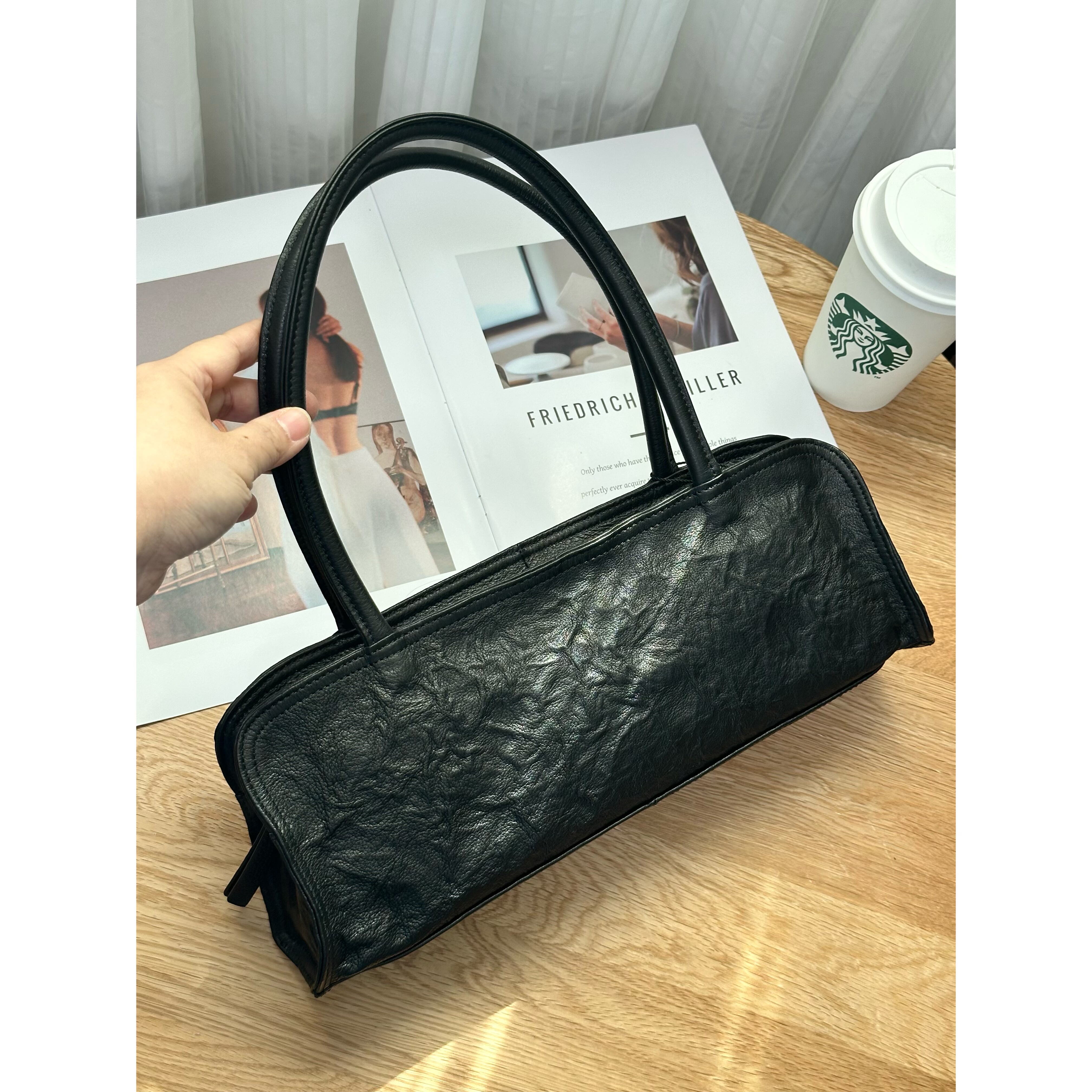 法式复古真皮法棍包质感手工褶皱牛皮单肩包腋下包气质时尚女包