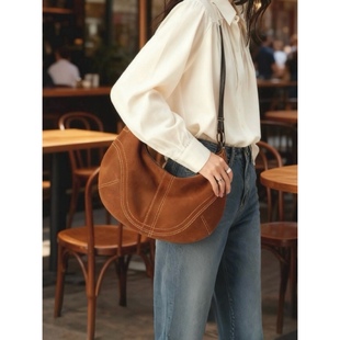 美拉德风棒球包磨砂牛皮月牙包反绒皮麂皮单肩斜挎包通勤腋下包