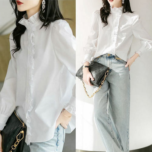 衬衫女春季新款韩系洋气立领100%纯棉打底长袖上衣木耳边衬衣外穿