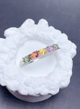 S925纯银天然碧玺戒指镶嵌5粒椭圆3*4宝石空托银托来石定制加工