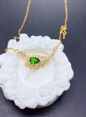 925纯银吊坠锁骨链镶嵌水滴4×6透辉祖母绿碧玺坦桑石空托银托