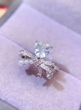 925纯银戒指空托来石镶嵌心形7×7海蓝宝蝴蝶结设计款银托加工