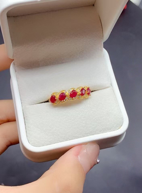 精致925纯银戒指镶嵌5粒3×4椭圆红宝石银空托批发翡翠排戒蓝宝石