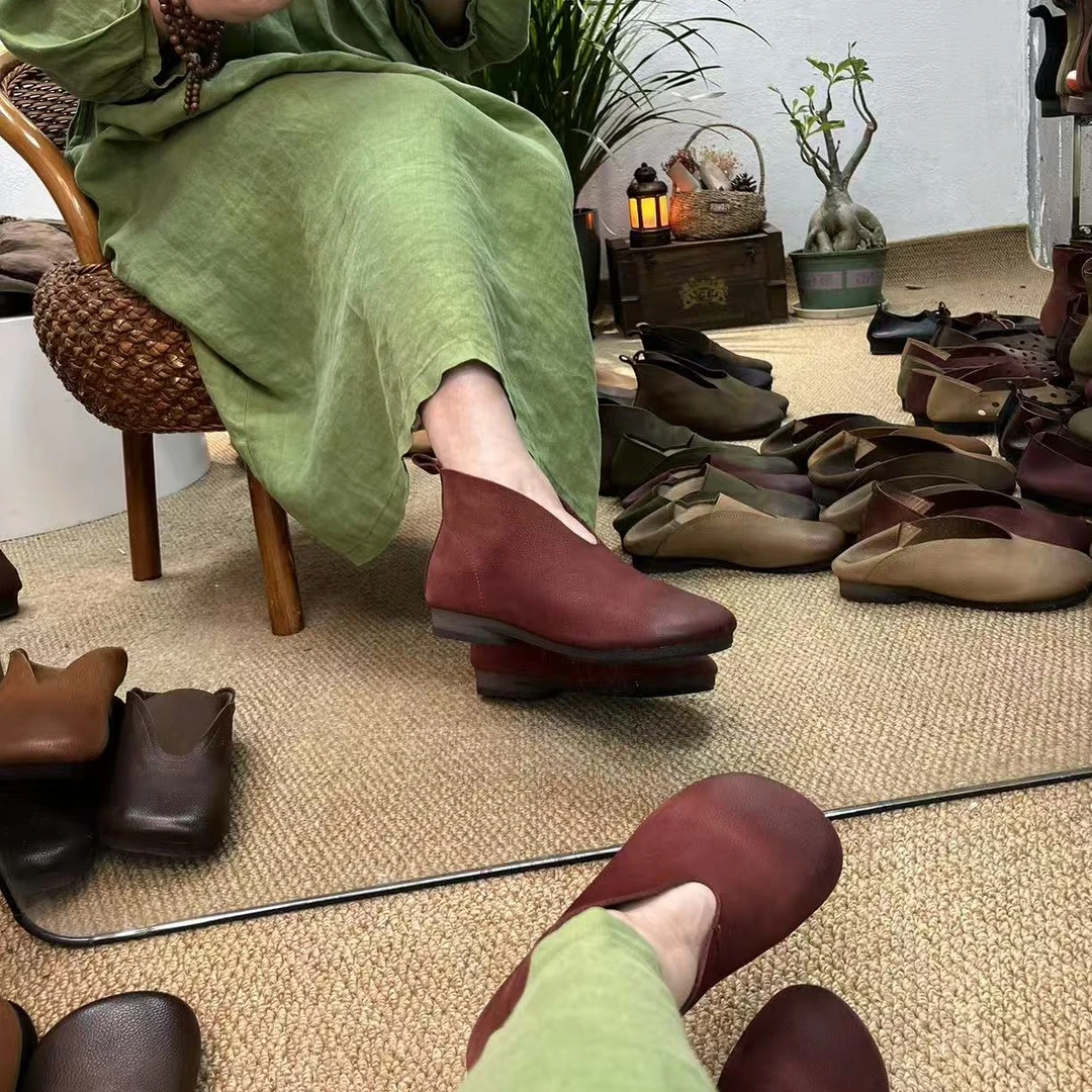 复古真皮女鞋极简风一脚蹬