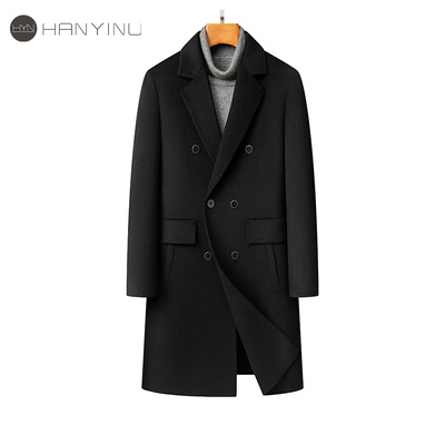 羊毛毛呢外套黑色中长西装领冬季