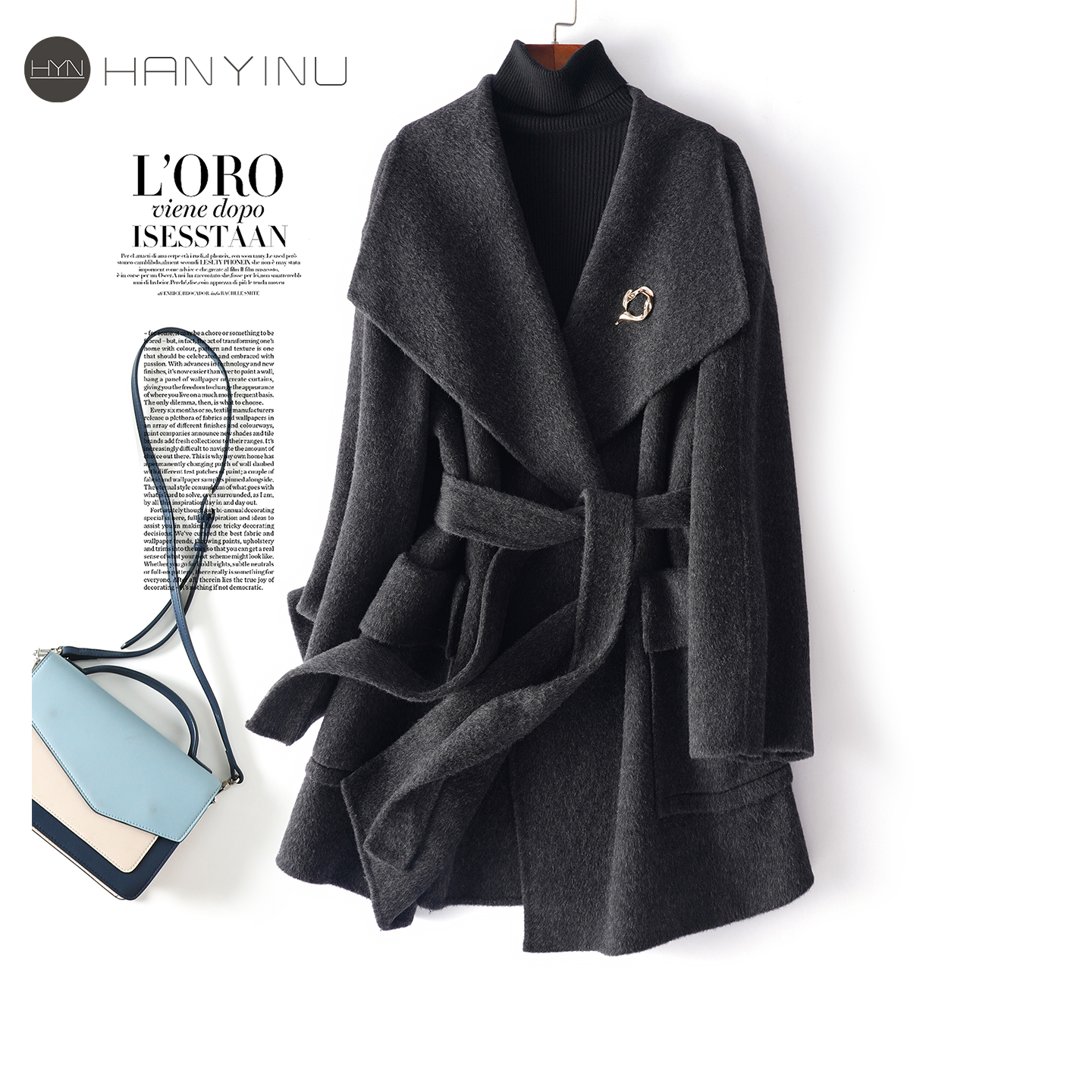 全羊毛呢大衣中长款系带收腰外套