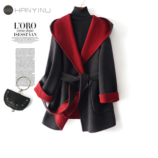 毛呢外套女常规款连帽系带韩版时尚小个子2026春秋新款双面呢大衣