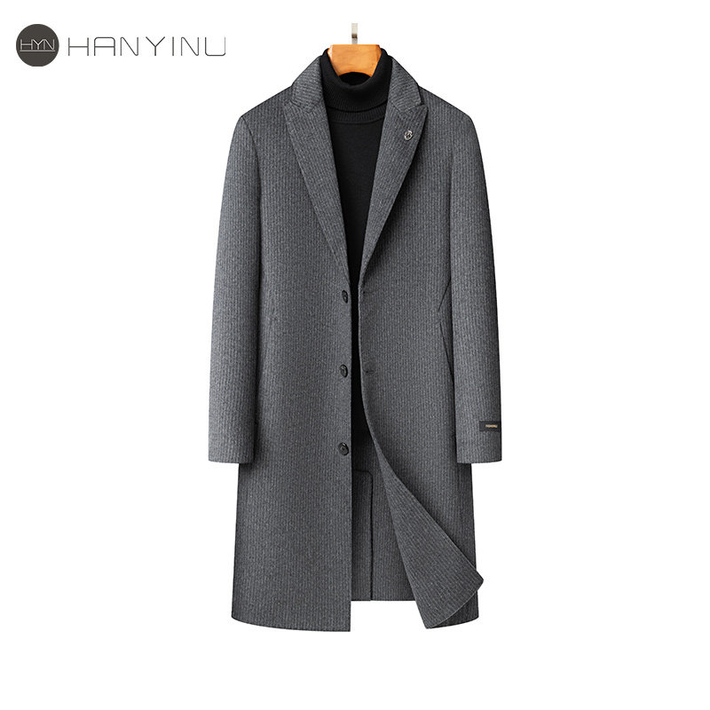 羊毛呢大衣男士中长款西装领条纹商务风衣秋冬新款高端双面呢外套