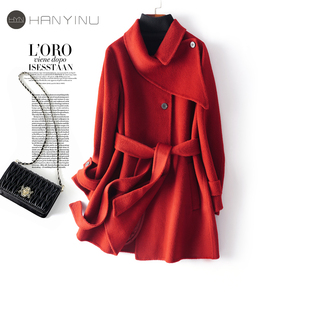全羊毛呢外套女中长款系带红色韩版时尚2025新款双面呢大衣小个子