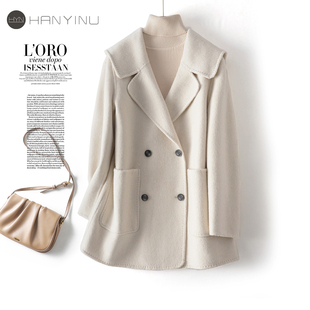 羊绒大衣女常规翻领米白韩版时尚双面呢小个子2025新款冬毛呢外套