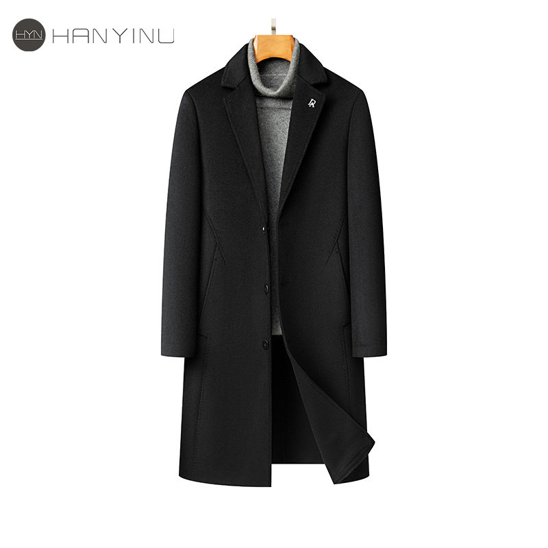 羊毛呢子大衣男士外套中长西服领黑色修身秋冬新款高档双面呢大衣
