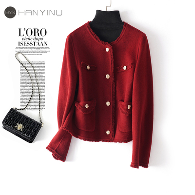 红色双面呢大衣女短款圆领小香风