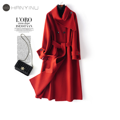 全羊毛呢大衣中长款红色气质外套