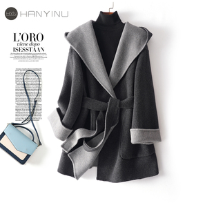 小个子2025秋冬新款 时尚 毛呢外套 连帽系带韩版 双面呢大衣女常规款