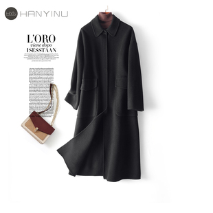 全羊毛呢外套女士中长款翻领黑色轻宽松秋冬新款高级感双面呢大衣