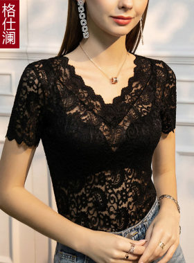 V领花边蕾丝薄款短袖T恤
