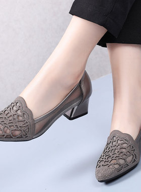 春夏季女鞋镂空网纱单鞋中跟小皮鞋粗跟网面水钻小码33大码鞋4143