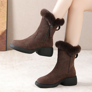 牛反绒百搭雪地靴女时尚 防滑兔毛加绒加厚中筒靴秋冬保暖棉靴子