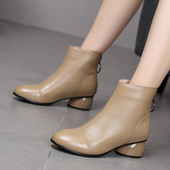 真皮粗跟短靴女时尚 百搭软底妈妈鞋 舒适裸靴中粗跟加绒保暖冬靴子