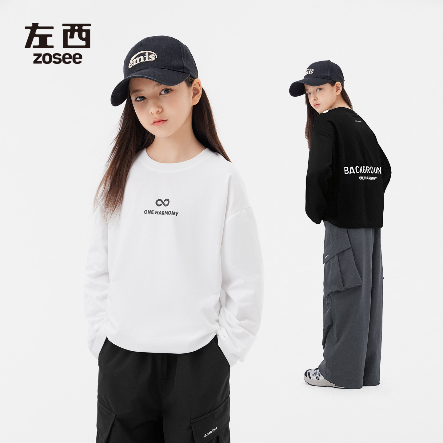 女童字母漫游简约留白T恤长袖图片