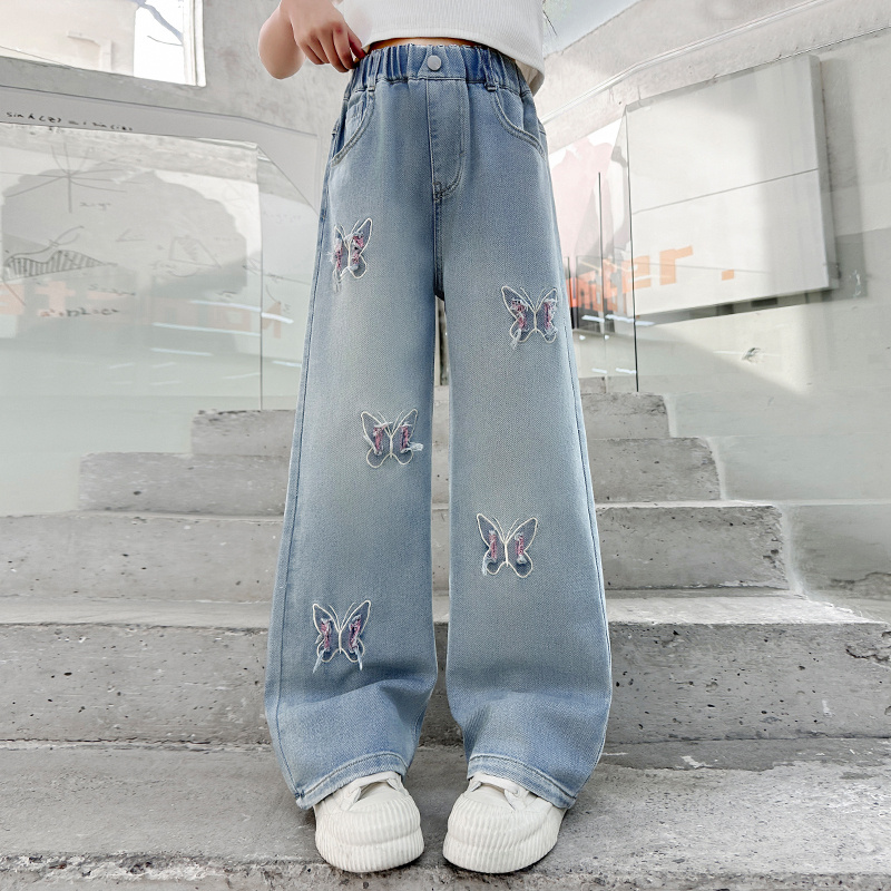 女童牛仔阔腿裤春秋款蝴蝶割花