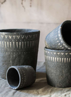 黑色非洲图腾元素花盆做旧多肉植物家居装饰花器欧式古典水泥花盆