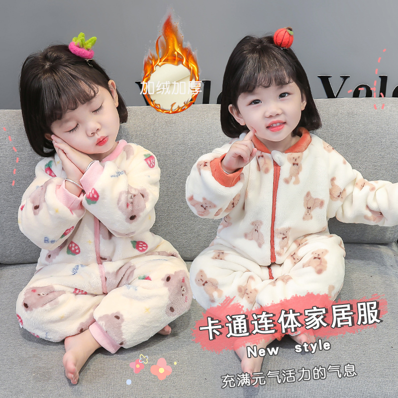 女童连体睡衣珊瑚绒儿童冬季加绒加厚法兰绒爬服宝宝卡通婴儿睡袋