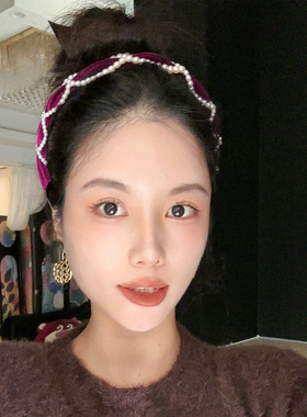 LASS LIZ原创设计独家发箍2025秋冬新款法式紫色丝绒珍珠细边头箍