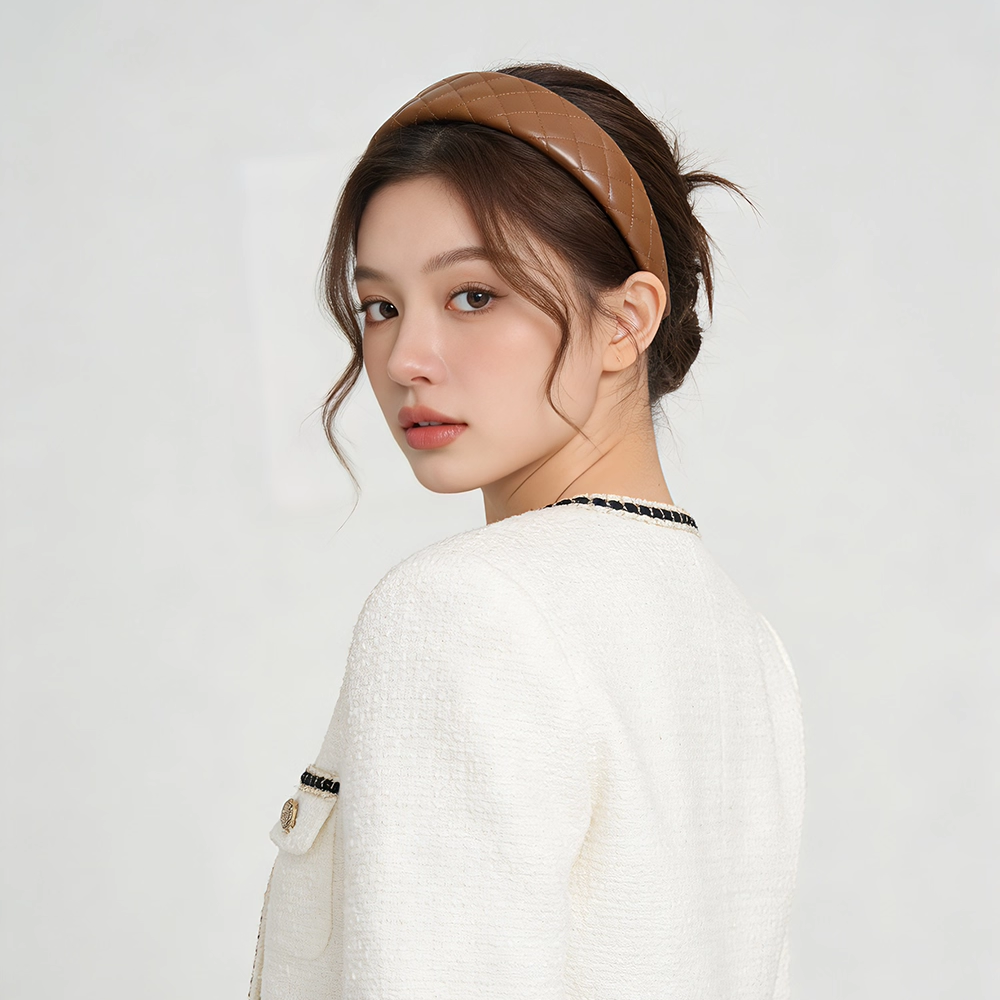 原创百搭纯色皮质菱格纹宽边头箍
