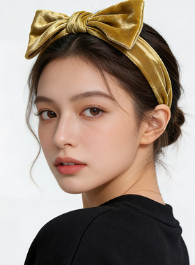 LASS LIZ原创设计发卡2026秋冬款减龄黄色凹造型丝绒蝴蝶结发箍